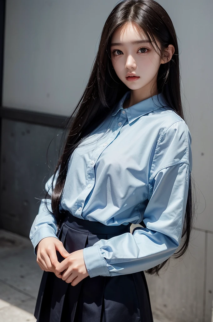 20 year old girl, blue long sleeve-shirt, short skirt, long hair, high contrast (Natural skin texture, Hyperrealism, Soft Light, sharp), portrait, standing, korean