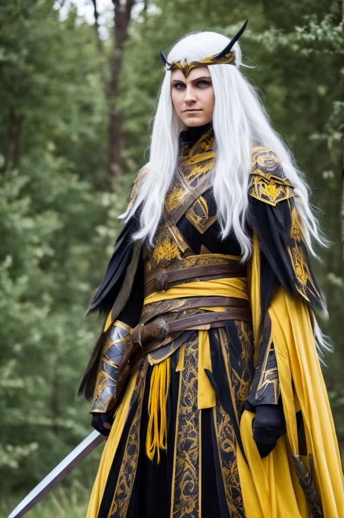 Man, white hair, yellow eyes, warrior witch costume, two meters.