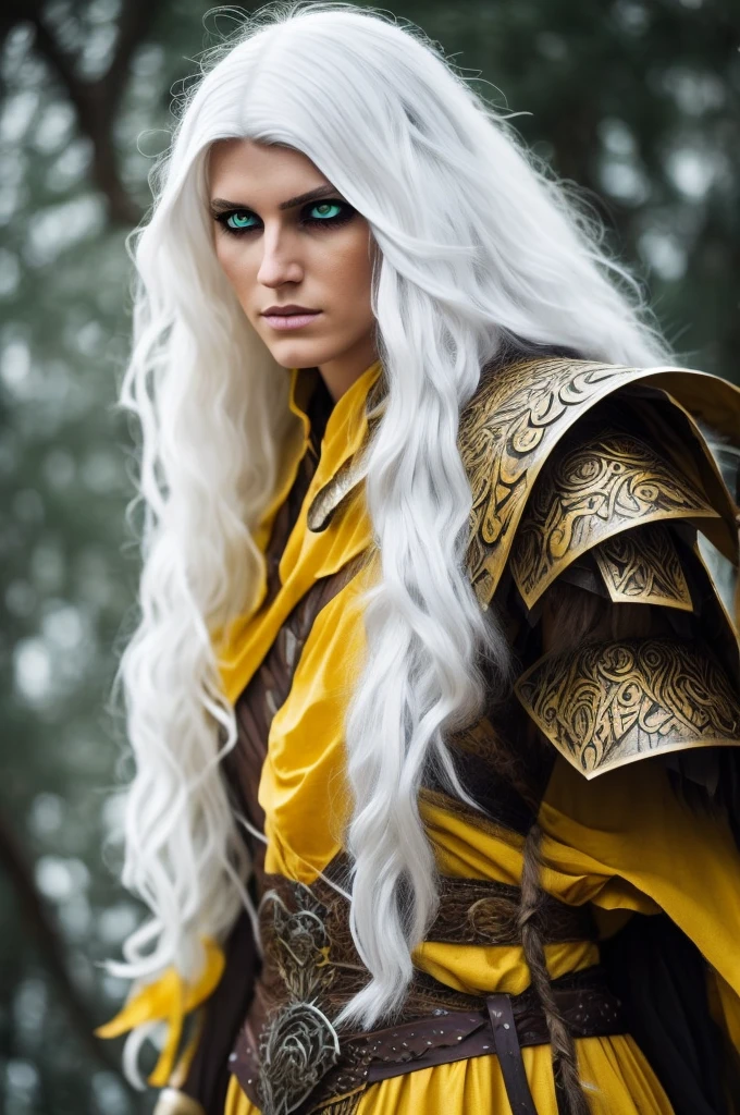 Man, white hair, yellow eyes, warrior witch costume, two meters.