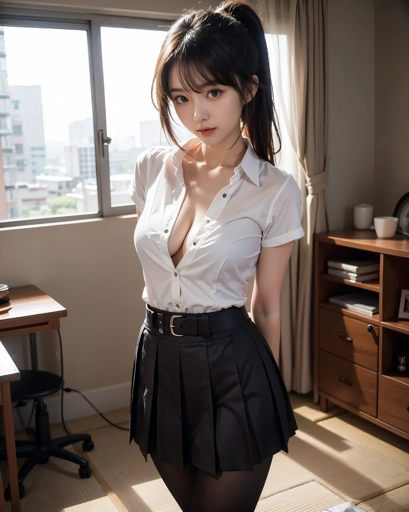 Beautiful Japanese waifu, early 30s, brunette hair, white shirt, pleated skirt