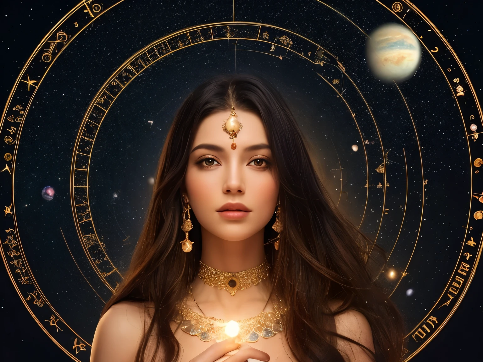 Astrologer, gypsy woman, astrology, astronomy, mystical, planets, constellations, best quality, high resolution, 