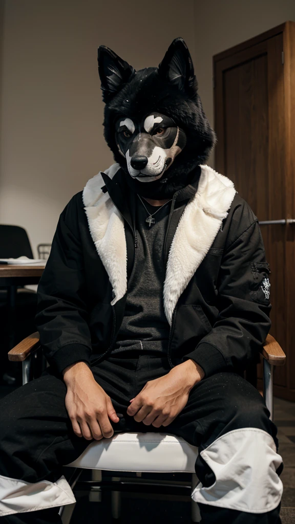 men wear black formula sitting on a chair wearing a siberian dog mask