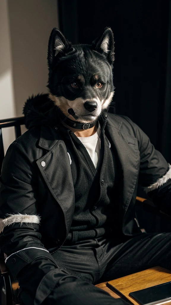 men wear black formula sitting on a chair wearing a siberian dog mask