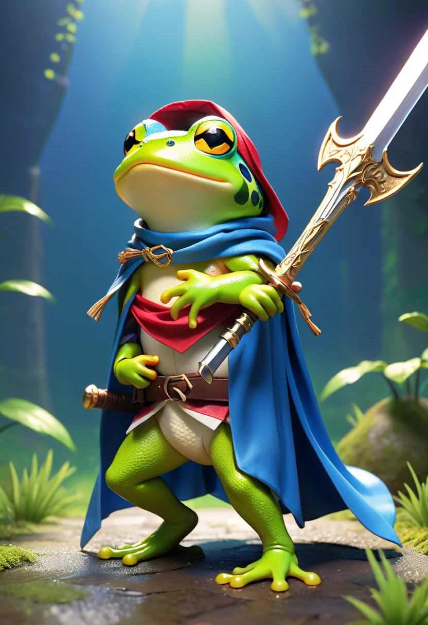 Esbian all over、Cool Frog、Pop Frog、Diorama、Simple Background、bandana、Holding a big sword in his hand、Brave、Cape、Best Quality, Capture the cutest moments, Depth of written boundary, Super detailed, Ultra-high resolution, Octadale, 8k, 16km race