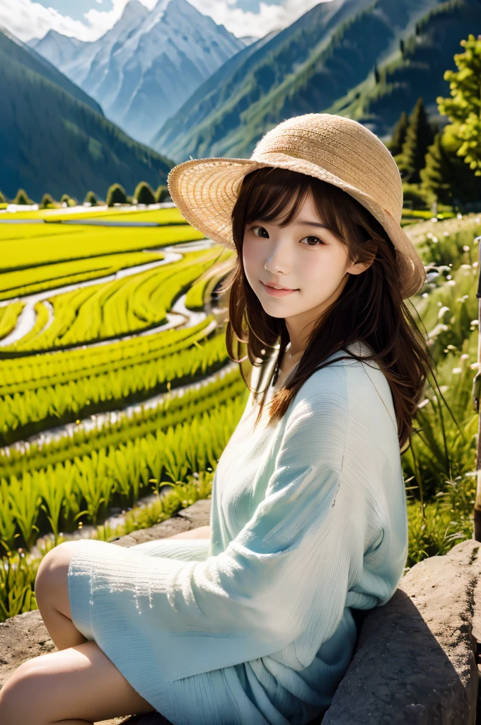 (absurdres, highres, ultra detailed, beautiful, masterpiece, best quality, )1 girl , half body shot, BREAK Terraced rice fields, rural villages, green landscapes, traditional farming, mountainous backdrops, peaceful atmosphere, BREAK Comfortable clothing, hat, sunscreen, light jacket,