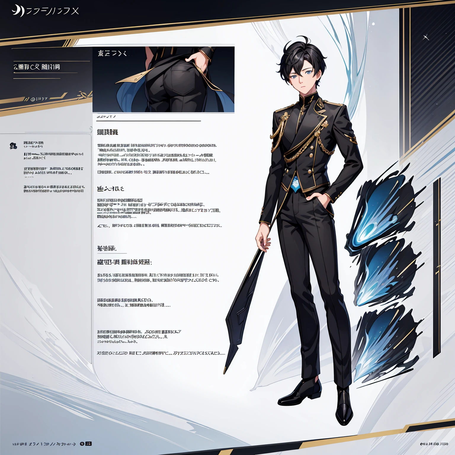 masterpiece,high quality,virtual youtuber, 1 boy, black hair,blue eyes, (concept art, official art,full body)(three sided view:1.3), simple background, long pants, cool, long sleeve, three views