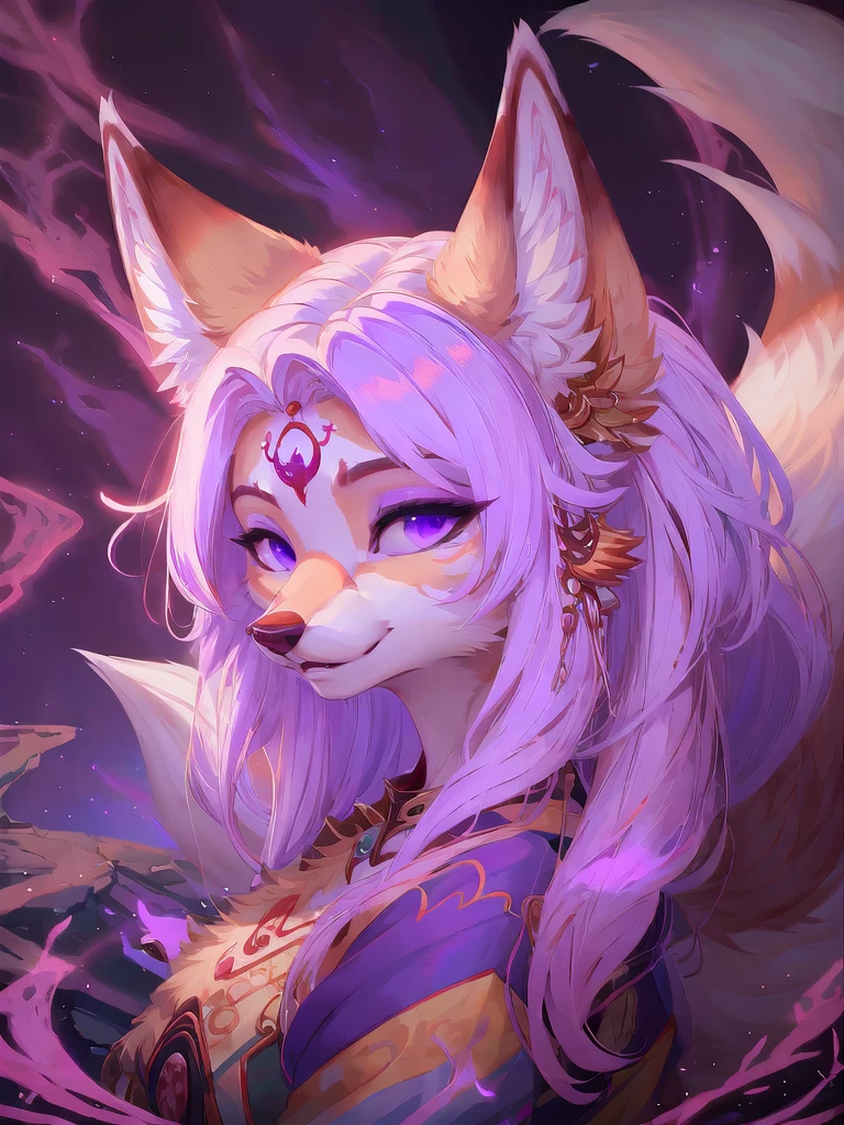 female kitsune, fox masterpiece, Of the highest quality, beautiful, majestic, purple lighting, bright