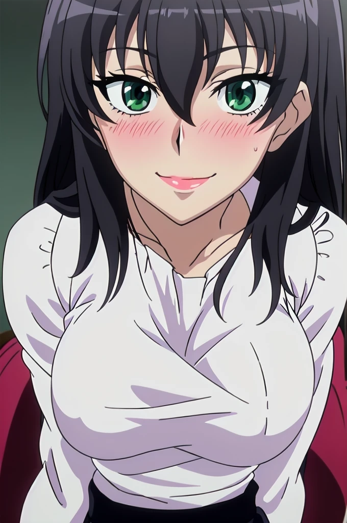 Morinoyuuko, wide, green eyes, big breasts, lipstick, white fabric sweater, black skirt, body average, 1 girl, Alone, in front of the viewer, blushing, Upper part of the body, bold smile.
