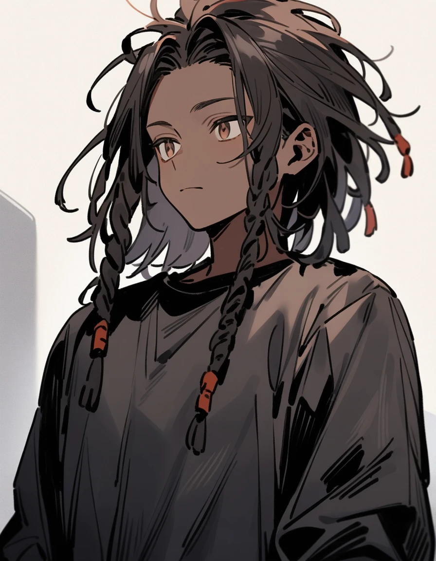 (1boy), solo, (black jacket with black fur) (brown skin color), messy look, black hair, ((dreadlock hairstyle)), brown eyes, masterpiece, best quality, high quality, upper body, male focus, eye bags