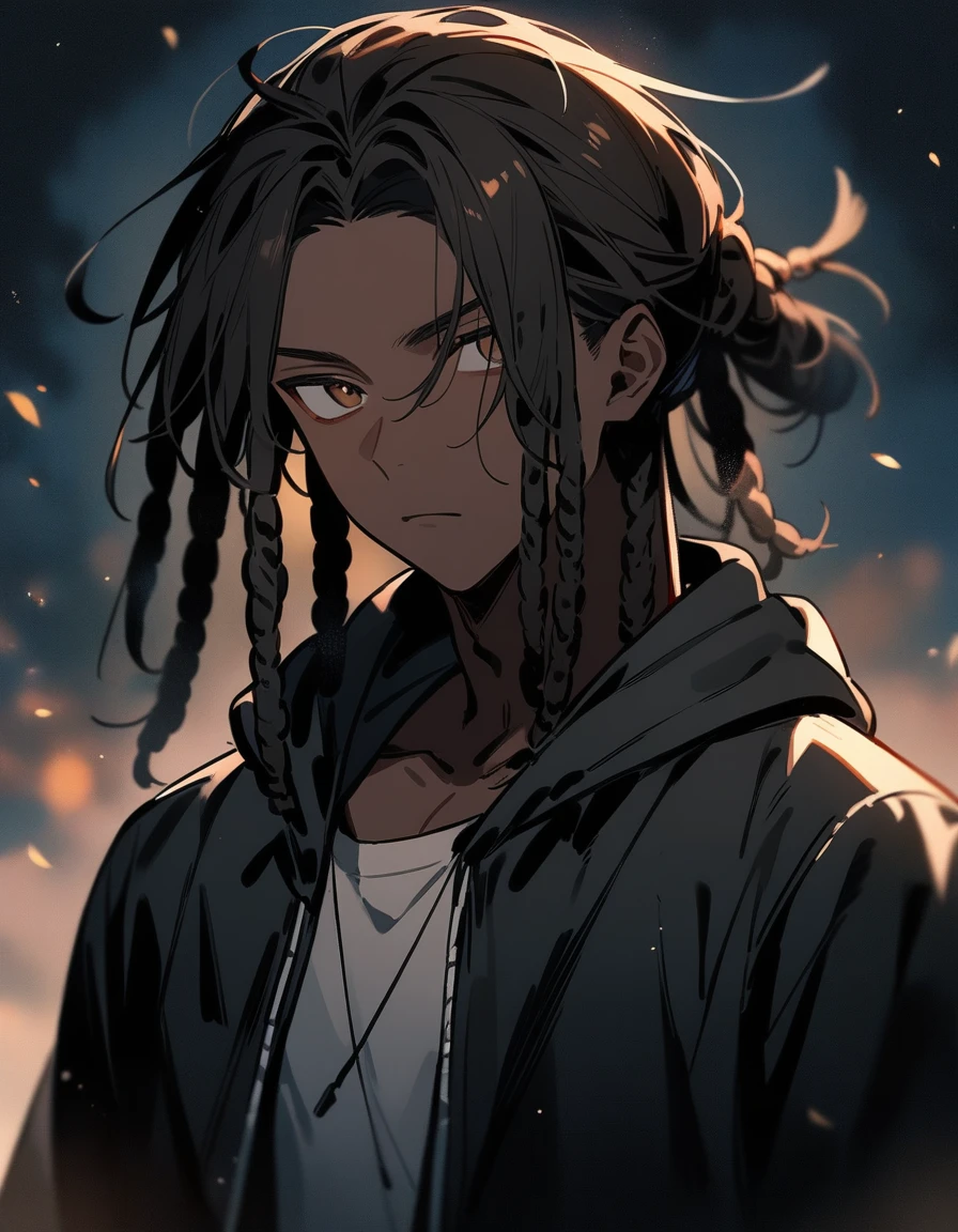 (1boy), solo, (black jacket with black fur) (brown skin color), messy look, black hair, ((dreadlock hairstyle)), brown eyes, masterpiece, best quality, high quality, upper body, male focus, eye bags