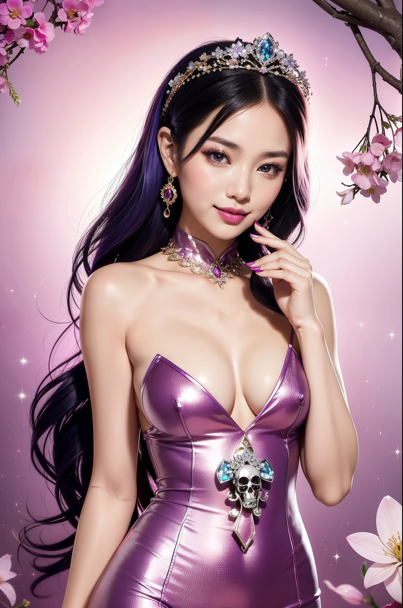 sexy Thai model who controls poison、beautiful smile、lip-gloss、bold lipstick、intense makeup、look at the camera、full body Esbian、、sparkling poisoned flower costume、、、、sparkling Colorful hair、secrete poison、skull hair accessories、sexy tights、shiny sparkling flowers background