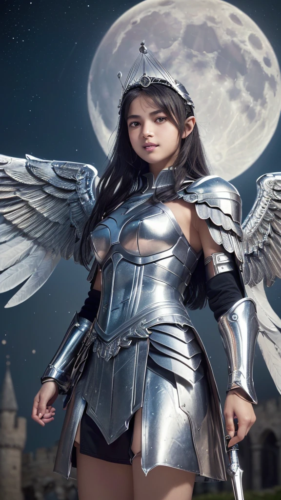 (Full body: 1.4),
(16-year-old girl masterpiece 1.4),
(Small breasts: 1.4),
(Realistic 16-year-old girl: 1.4), (Realistic: High detail: Masterpiece of Ashida Mana: 1.4),
(Baby face: 1.4), (Beautiful face: 1.3), (Beautiful masterpiece of eyes with clear outlines and super high resolution: 1.3), (Beautiful lips with good shape: 1.4), (Cute smile: 1.3), (Beautiful teeth and alignment: 1.4), (Beautiful nose: 1.4), (Cute girl: 1.3), (Lolita: 1.4), (Height 158cm: 1.3),

(Cute face: 1.3), (Beautiful hand with 5 fingers: 1.2),

((16-year-old Valkyrie girl with a young face: 1.4)), (Winged tiara:  1.3),

(Metallic silver armor with detailed decoration: 1.3),(Beautiful white angel wings on both sides: 1.3),(Weapon poised: 1.3),

(Cloak: 1.3),

(Highly detailed: 1.3),(Wallpaper: 1.3),(Dynamic pose: 1.2),,(RAW photo, highest quality: 1.2),(Realistic) Photorealistic: 1.2),(Close-up portrait photo: 1.2),(Moon, moonlight, close-up moon, large moon, soft lighting: 1.3),(Looking at the viewer: 1.2),(Directly above: 1.2),(Depth of field: 1.2),(Castles, colorful star trails outdoors, Gothic architecture: 1.3),(Photorealistic: 1.3),

,(16k quality,:  1.3), (Masterpiece, : 1.3), (Very Detailed, : 1.3), (Ultra Detailed, : 1.3), (Ultra High Resolution, : 1.3), (All Detailed, : 1.3), (Highest Quality, : 1.3), (Ultra High Quality, : 1.3), (Unreal Engine 5.3, : 1.3), (All in Full Color, : 1.3),