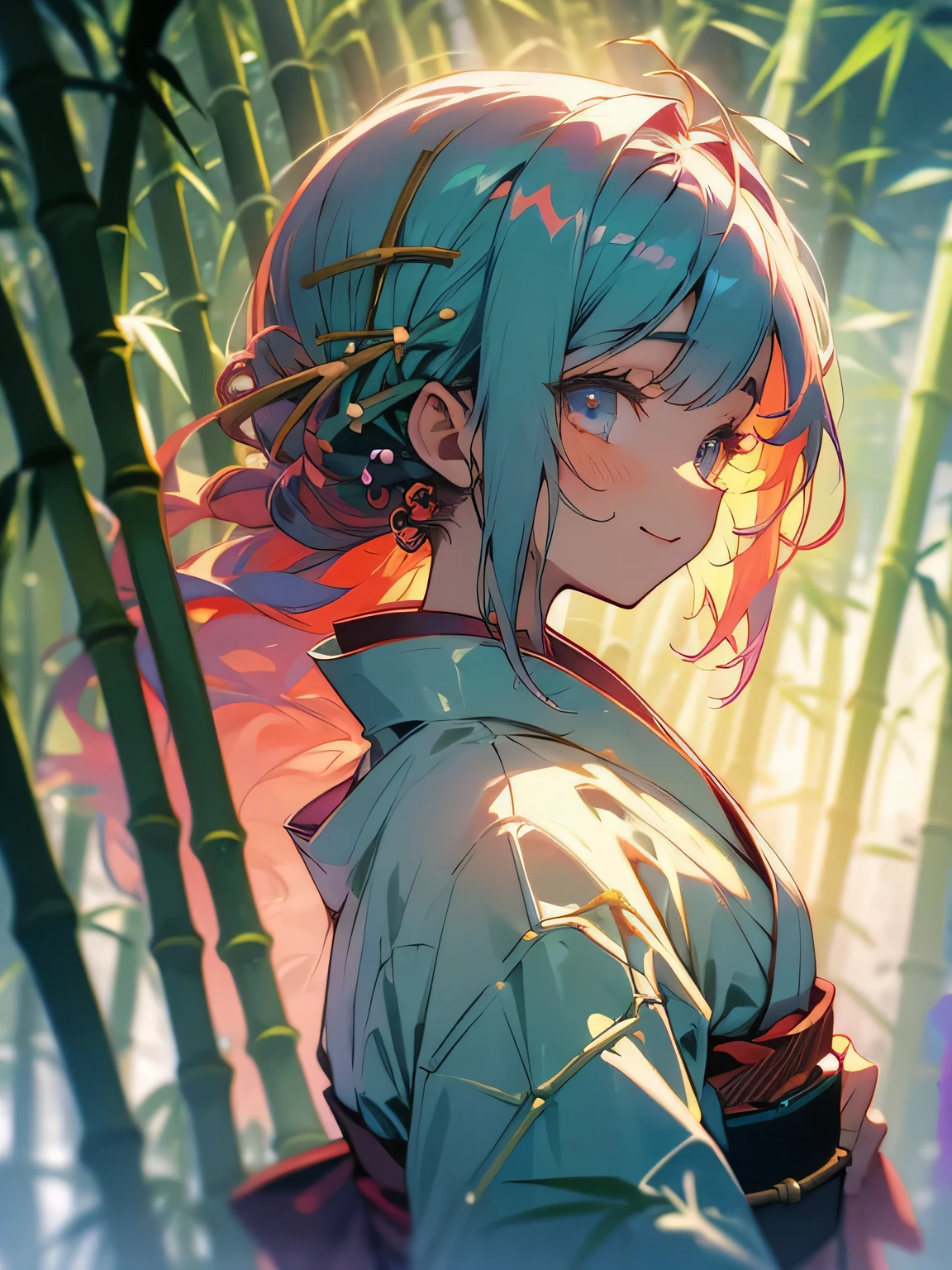 sideview,Masterpiece、Rainbow Hair、Delicate eyes、smile、Delicate eyes、Tied up hair、Beautiful hair ornament、kimono、(((bamboo forest)))、whole body