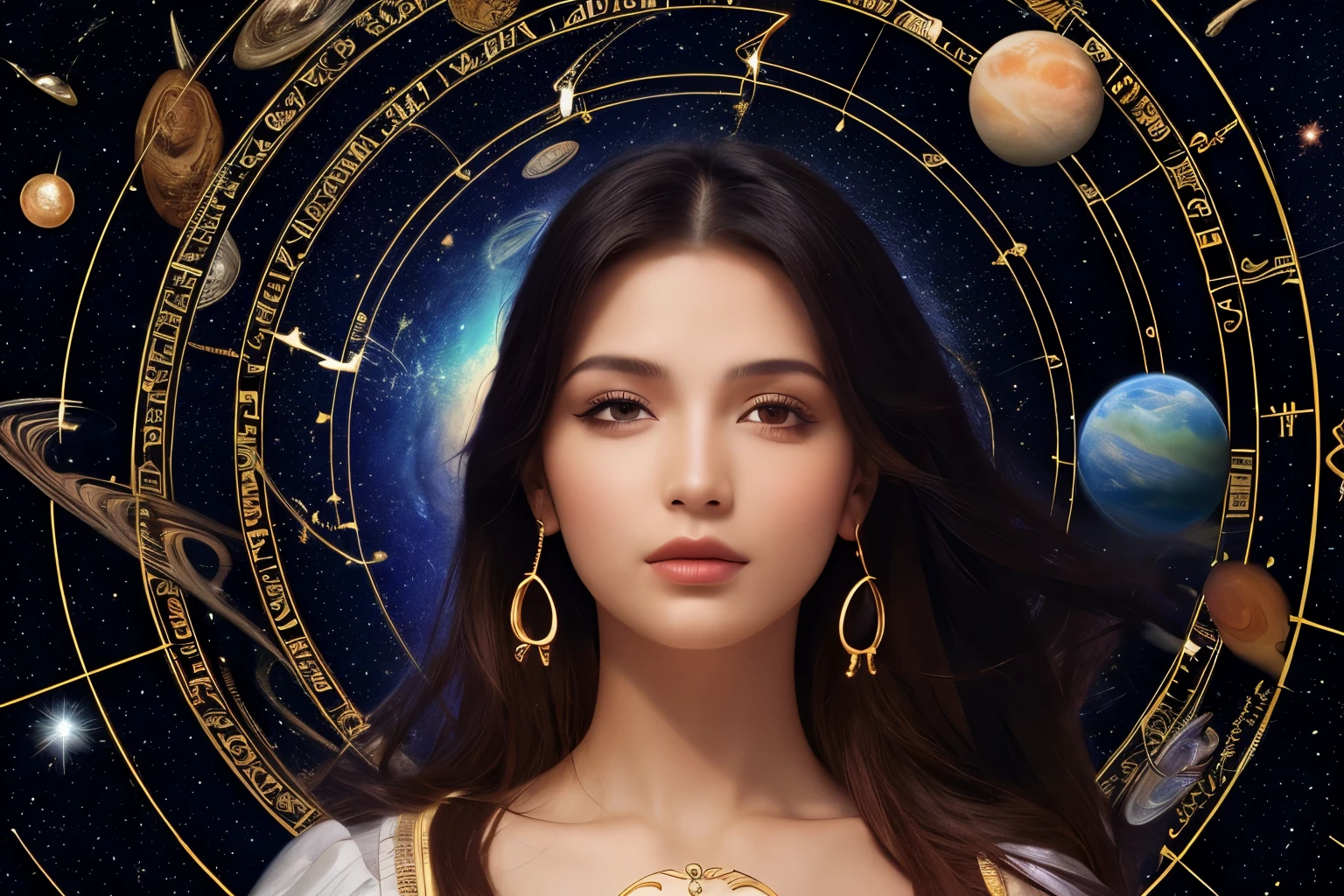 Astrologer, gypsy woman, astrology, astronomy, mystical, planets, constellations, best quality, high resolution,