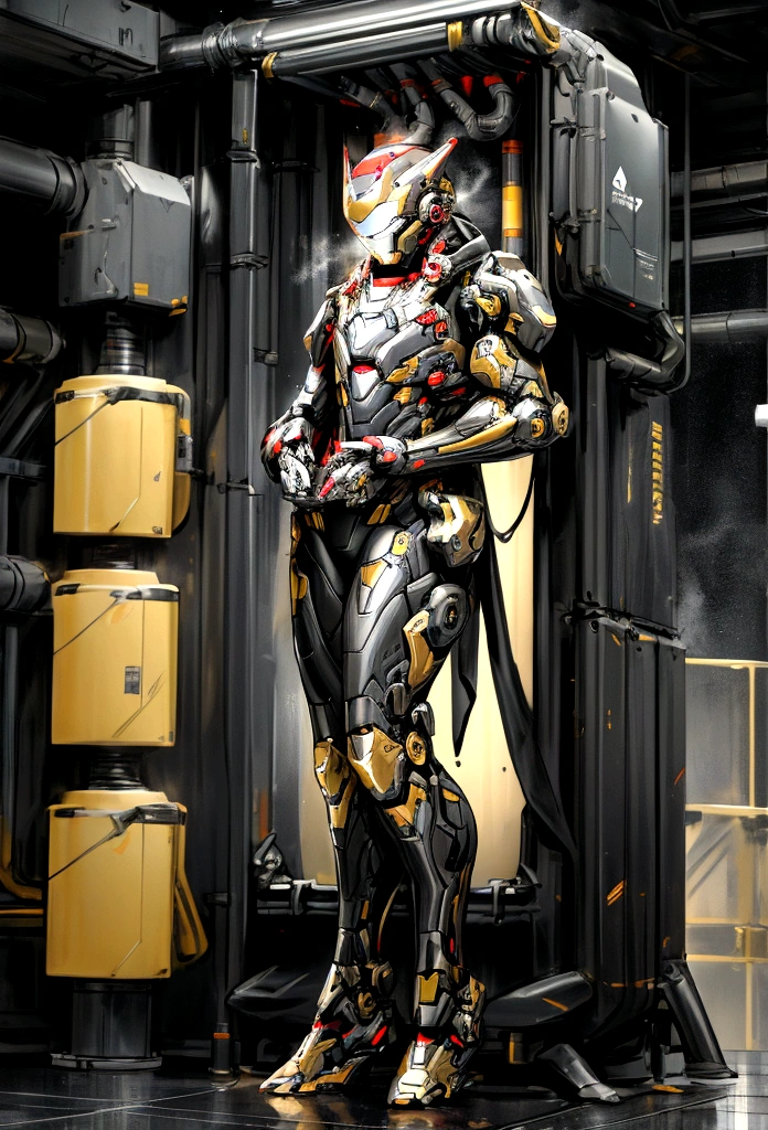 , High-tech theme, Dark gray and black suit colors, helmet,Marvel Yellowjacket Aesthetics,Iron Man Aesthetics, Full body model Stark technology legacy MK 16 agile black stealth armor「Nightclub」（Nightclub）  Hands set up various pipelines used in the liquid cooling circulation system     