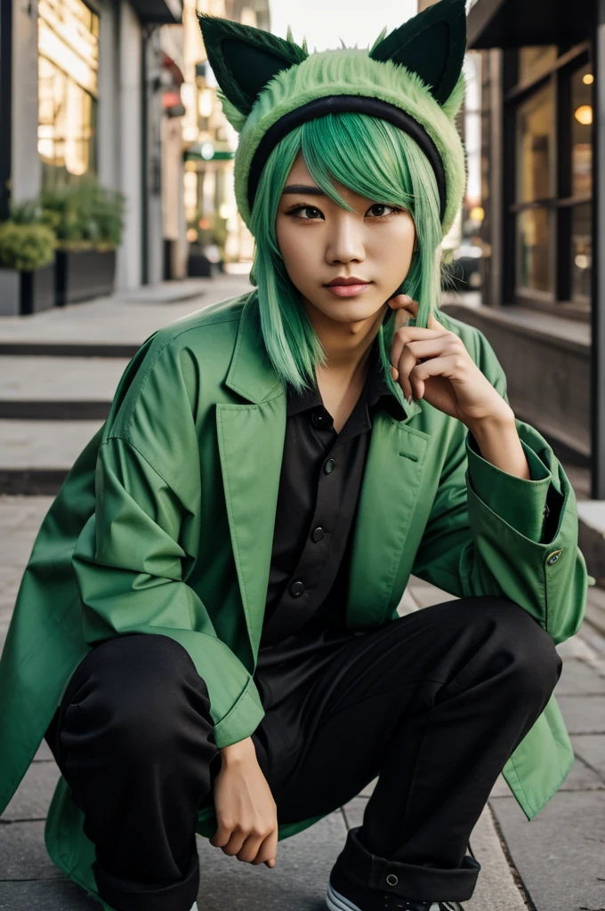 Chico, light green hair with cat ears hat black Chinese eyes grass green coat loose black pants light skin