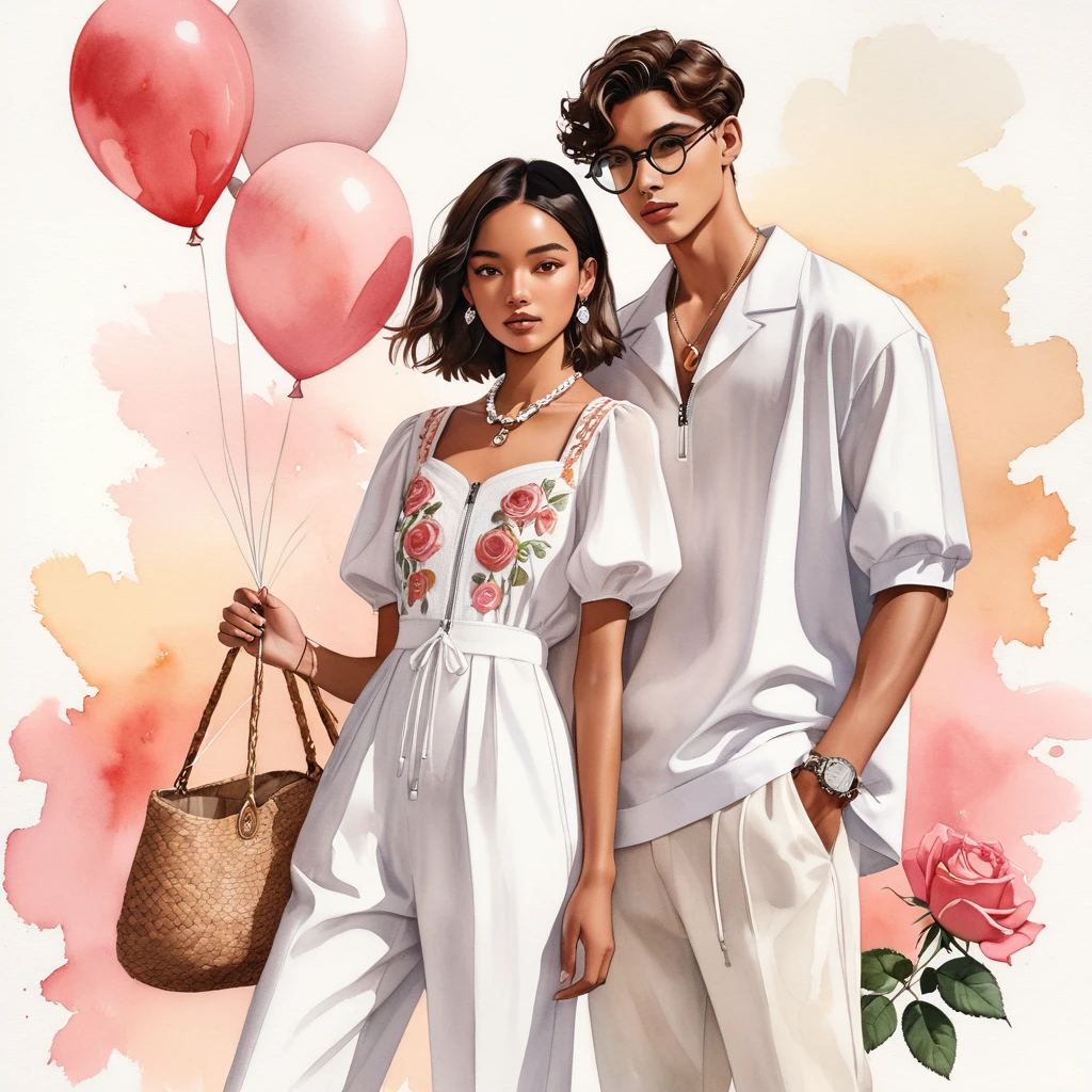 candid fashion illustration of young Mixed race man and woman, both aged 18 year old, ((showcase fashion look book in a rose and White linen outfits)), the design inspired David Austin Rose, in elegant young chic bohemian style. The man wears an oversized short-sleeved bowling white shirt with a minimal embroidery details, paired with relaxed-fit white Sports pants with Drawstring, He completes his look with white sneakers, round glasses. The woman complements him in a white Calf-length fitted dress in a cotton crêpe weave with a sweetheart neckline, smocked section at the back and a concealed zip at one side. Elbow-length, organza-filled balloon sleeves with covered elasticities over the shoulders and at the cuffs, Her ensemble includes an accessorizes with a brimmed straw bag, wood necklace and white sneakers and necklace. Captured in a low angle, ((full-body image)), ((light rose flower in water color background)), sketching, realistic drawing, ((imperfect water color drawing)), fashion look book, fashion illustrator, sketch design,