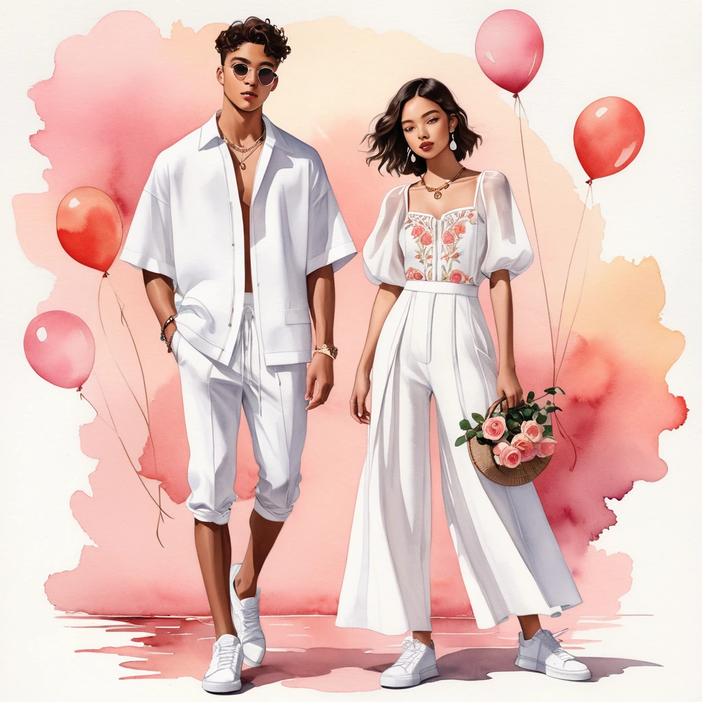 candid fashion illustration of young Mixed race man and woman, both aged 18 year old, ((showcase fashion look book in a rose and White linen outfits)), the design inspired David Austin Rose, in elegant young chic bohemian style. The man wears an oversized short-sleeved bowling white shirt with a minimal embroidery details, paired with relaxed-fit white Sports pants with Drawstring, He completes his look with white sneakers, round glasses. The woman complements him in a white Calf-length fitted dress in a cotton crêpe weave with a sweetheart neckline, smocked section at the back and a concealed zip at one side. Elbow-length, organza-filled balloon sleeves with covered elasticities over the shoulders and at the cuffs, Her ensemble includes an accessorizes with a brimmed straw bag, wood necklace and white sneakers and necklace. Captured in a low angle, ((full-body image)), ((light rose flower in water color background)), sketching, realistic drawing, ((imperfect water color drawing)), fashion look book, fashion illustrator, sketch design, 