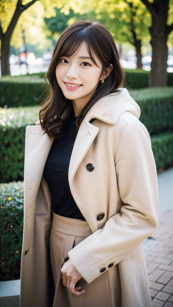((Highest quality、high resolution、High resolution、masterpiece、8K))、One Woman、21-year-old woman、Japanese women、Pretty woman、(Photograph the whole body:1.3)、Woman standing in winter park、Urban park、Sunny day in Paris、(Wearing a light brown coat、Tightly designed maxi skirt、High heels、Simple Fashion)、Perfect proportions、Slim figure、8-life proportions、Detailed face、Beautiful eyes、Natural Makeup、A ruddy complexion、Look here with a smile、Brown medium long hair、Loose wavy hairstyle、((Canon EOS 5D Mark 4とSIGMA Art Lens 85mm F1.4 Shot with DG HSM lens、F-stop 2.4、iso 200、Shutter Speed 2000))、Angle from the front、RAW Photos、Clear photos、Professional Lighting、Height: 165cm