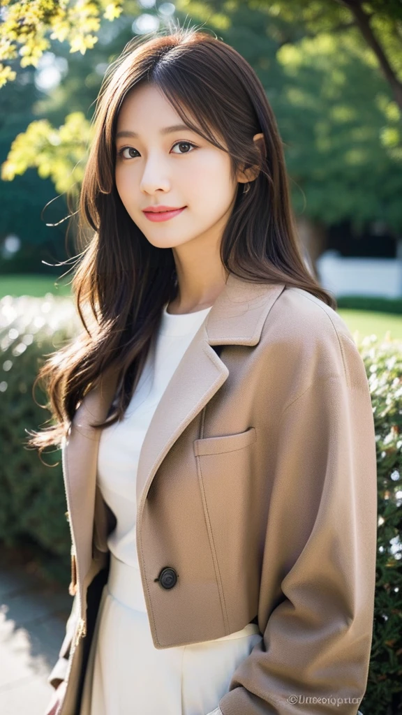 ((Highest quality、high resolution、High resolution、masterpiece、8K))、One Woman、21-year-old woman、Japanese women、Pretty woman、(Photograph the whole body:1.3)、Woman standing in winter park、Urban park、Sunny day in Paris、(Wearing a light brown coat、Tightly designed maxi skirt、High heels、Simple Fashion)、Perfect proportions、Slim figure、8-life proportions、Detailed face、Beautiful eyes、Natural Makeup、A ruddy complexion、Look here with a smile、Brown medium long hair、Loose wavy hairstyle、((Canon EOS 5D Mark 4とSIGMA Art Lens 85mm F1.4 Shot with DG HSM lens、F-stop 2.4、iso 200、Shutter Speed 2000))、Angle from the front、RAW Photos、Clear photos、Professional Lighting、Height: 165cm