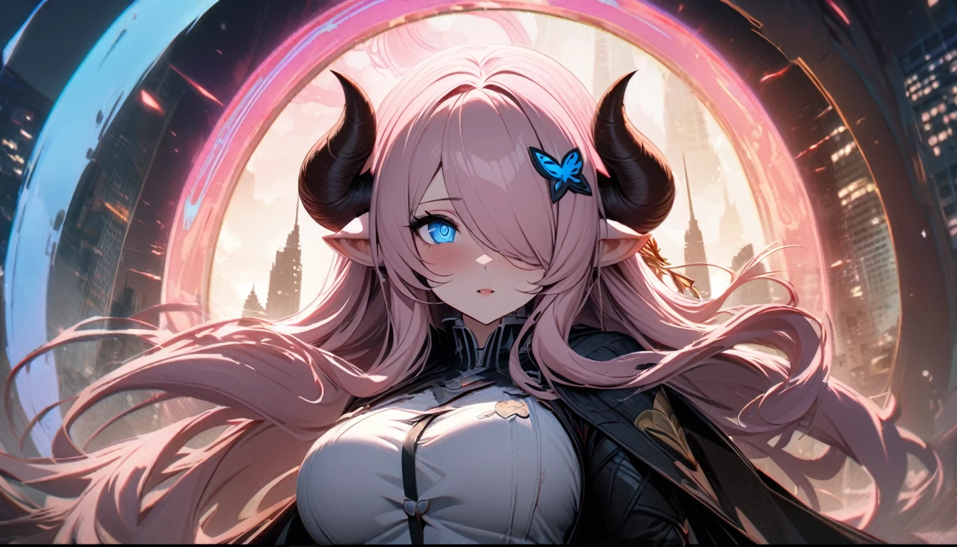 Narmaya has just stepped through a portal from her fantasy world into modern America. She stands in awe of the city buildings around her as the portal behind her closes. She's is wearing her traditional white outfit. In the background The magical glowing portal and city skyline are visible. The image is life-like and semi-realistic. Extreme detail has been put into the shading. Extensive detail has been put into making Narmaya the focal point and making her features clear and detailed. It's a masterpiece of fantasy art. (masterpiece), best quality, expressive eyes, perfect face, portal, American city, sky scrapers, seductive, fantasy, 8k, absurdres, narmaya, pink hair, blue eye with pink pupil, hair over eye, draph, horns, erfly hair clip,