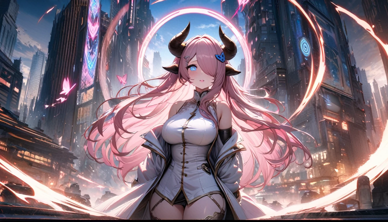 Narmaya has just stepped through a portal from her fantasy world into modern America. She stands in awe of the city buildings around her as the portal behind her closes. She's is wearing her traditional white outfit. In the background The magical glowing portal and city skyline are visible. The image is life-like and semi-realistic. Extreme detail has been put into the shading. Extensive detail has been put into making Narmaya the focal point and making her features clear and detailed. It's a masterpiece of fantasy art. (masterpiece), best quality, expressive eyes, perfect face, portal, American city, sky scrapers, seductive, fantasy, 8k, absurdres, narmaya, pink hair, blue eye with pink pupil, hair over eye, draph, horns, butterfly hair clip,