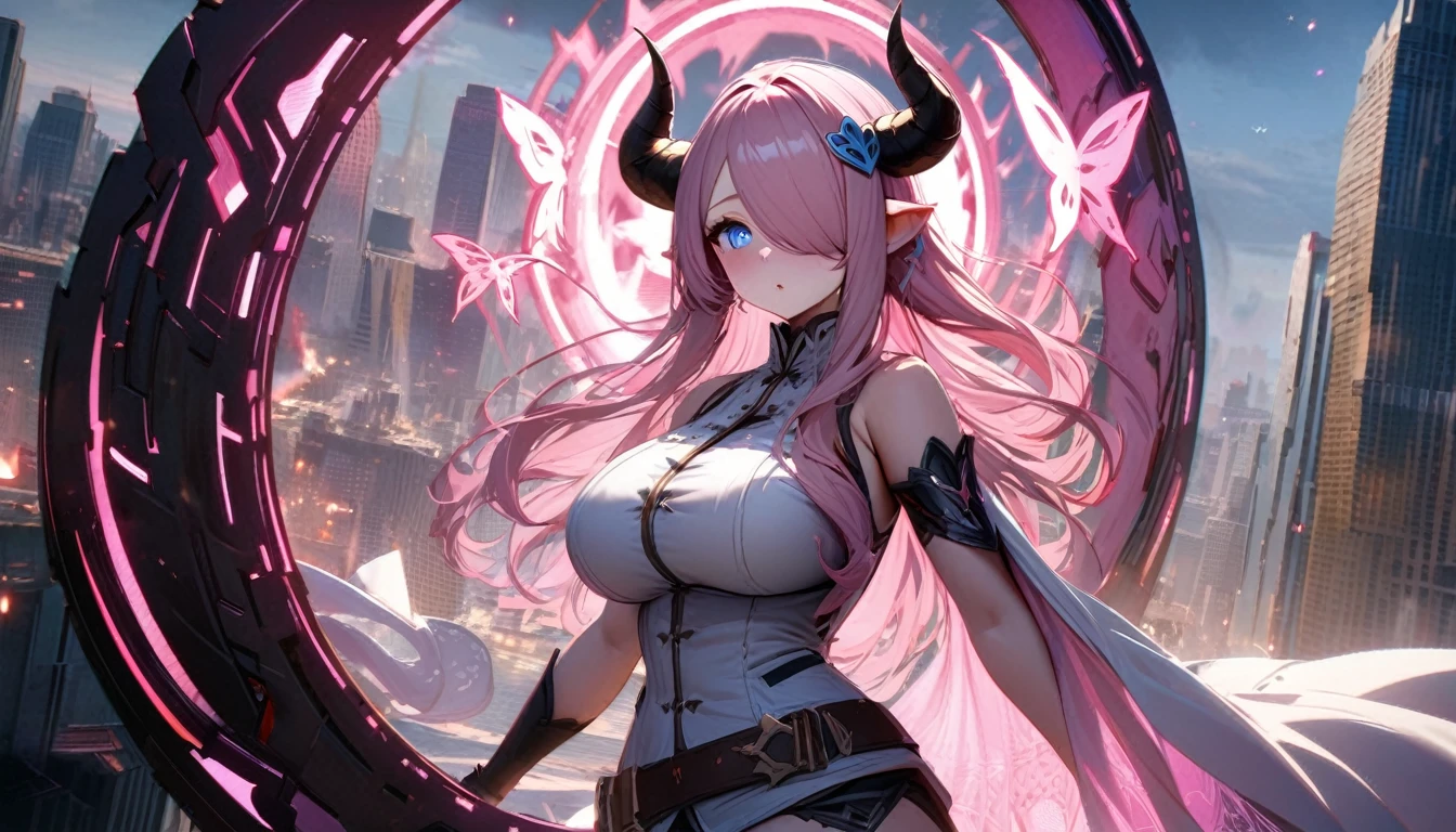 Narmaya has just stepped through a portal from her fantasy world into modern America. She stands in awe of the city buildings around her as the portal behind her closes. She's is wearing her traditional white outfit. In the background The magical glowing portal and city skyline are visible. The image is life-like and semi-realistic. Extreme detail has been put into the shading. Extensive detail has been put into making Narmaya the focal point and making her features clear and detailed. It's a masterpiece of fantasy art. (masterpiece), best quality, expressive eyes, perfect face, portal, American city, sky scrapers, seductive, fantasy, 8k, absurdres, narmaya, pink hair, blue eye with pink pupil, hair over eye, draph, horns, butterfly hair clip,