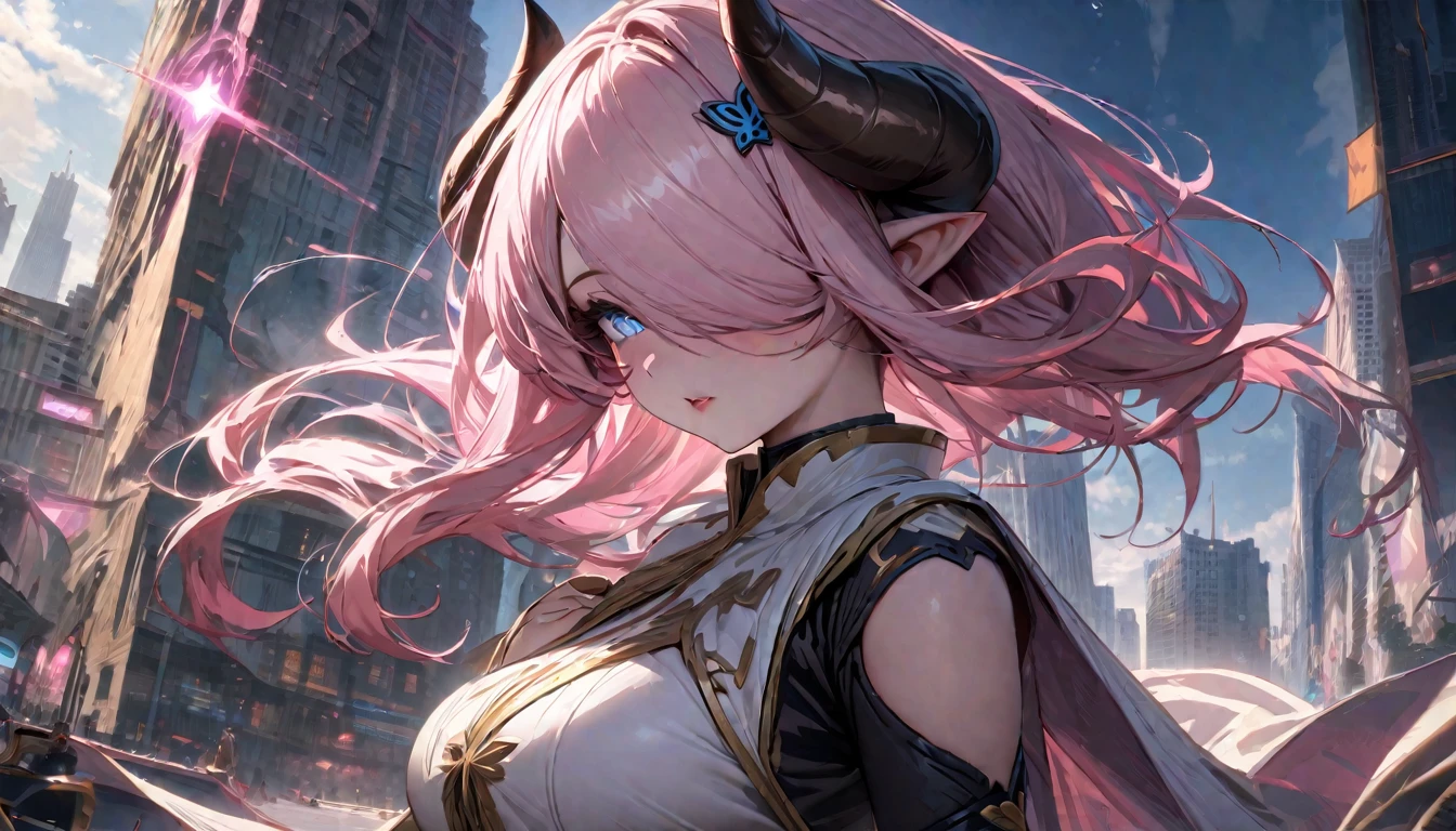 Narmaya has just stepped through a portal from her fantasy world into modern America. She stands in awe of the city buildings around her as the portal behind her closes. She's is wearing her traditional white outfit. In the background The magical glowing portal and city skyline are visible. The image is life-like and semi-realistic. Extreme detail has been put into the shading. Extensive detail has been put into making Narmaya the focal point and making her features clear and detailed. It's a masterpiece of fantasy art. (masterpiece), best quality, expressive eyes, perfect face, portal, American city, sky scrapers, seductive, fantasy, 8k, absurdres, narmaya, pink hair, blue eye with pink pupil, hair over eye, draph, horns, butterfly hair clip,