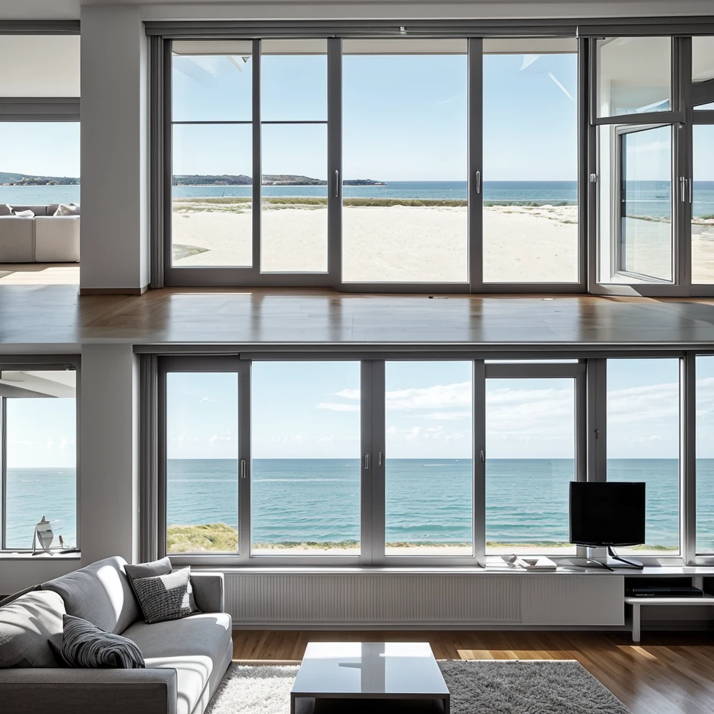 gray and white living room, television, large windows facing the sea.