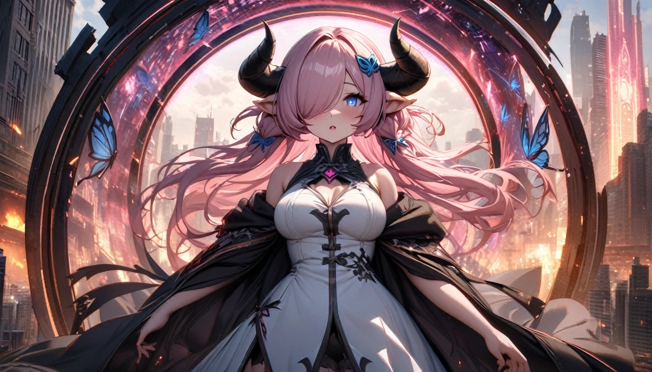 Narmaya has just stepped through a portal from her fantasy world into modern America. She stands in awe of the city buildings around her as the portal behind her closes. She's is wearing her traditional white outfit. In the background The magical glowing portal and city skyline are visible. The image is life-like and semi-realistic. Extreme detail has been put into the shading. Extensive detail has been put into making Narmaya the focal point and making her features clear and detailed. It's a masterpiece of fantasy art. (masterpiece), best quality, expressive eyes, perfect face, portal, American city, sky scrapers, seductive, fantasy, 8k, absurdres, narmaya, pink hair, blue eye with pink pupil, hair over eye, draph, horns, butterfly hair clip,