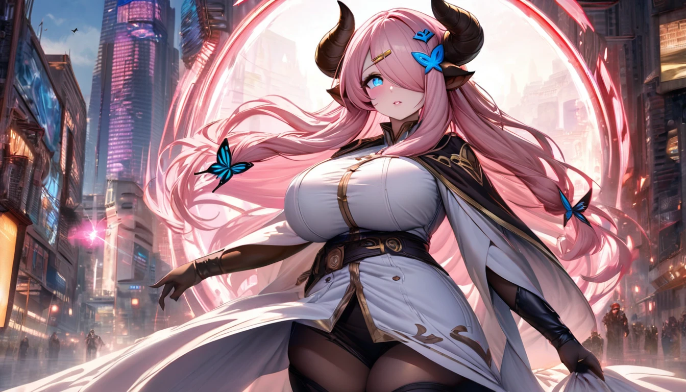 Narmaya has just stepped through a portal from her fantasy world into modern America. She stands in awe of the city buildings around her as the portal behind her closes. She's is wearing her traditional white outfit. In the background The magical glowing portal and city skyline are visible. The image is life-like and semi-realistic. Extreme detail has been put into the shading. Extensive detail has been put into making Narmaya the focal point and making her features clear and detailed. It's a masterpiece of fantasy art. (masterpiece), best quality, expressive eyes, perfect face, portal, American city, sky scrapers, seductive, fantasy, 8k, absurdres, narmaya, pink hair, blue eye with pink pupil, hair over eye, draph, horns, butterfly hair clip,