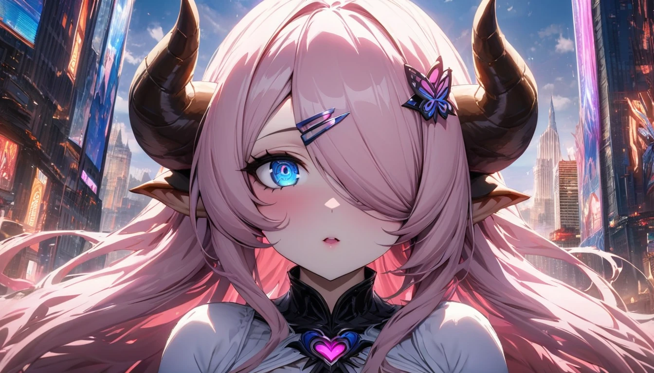 Narmaya has just stepped through a portal from her fantasy world into modern America. She stands in awe of the city buildings around her as the portal behind her closes. She's is wearing her traditional white outfit. In the background The magical glowing portal and city skyline are visible. The image is life-like and semi-realistic. Extreme detail has been put into the shading. Extensive detail has been put into making Narmaya the focal point and making her features clear and detailed. It's a masterpiece of fantasy art. (masterpiece), best quality, expressive eyes, perfect face, portal, American city, sky scrapers, seductive, fantasy, 8k, absurdres, narmaya, pink hair, blue eye with pink pupil, hair over eye, draph, horns, butterfly hair clip,