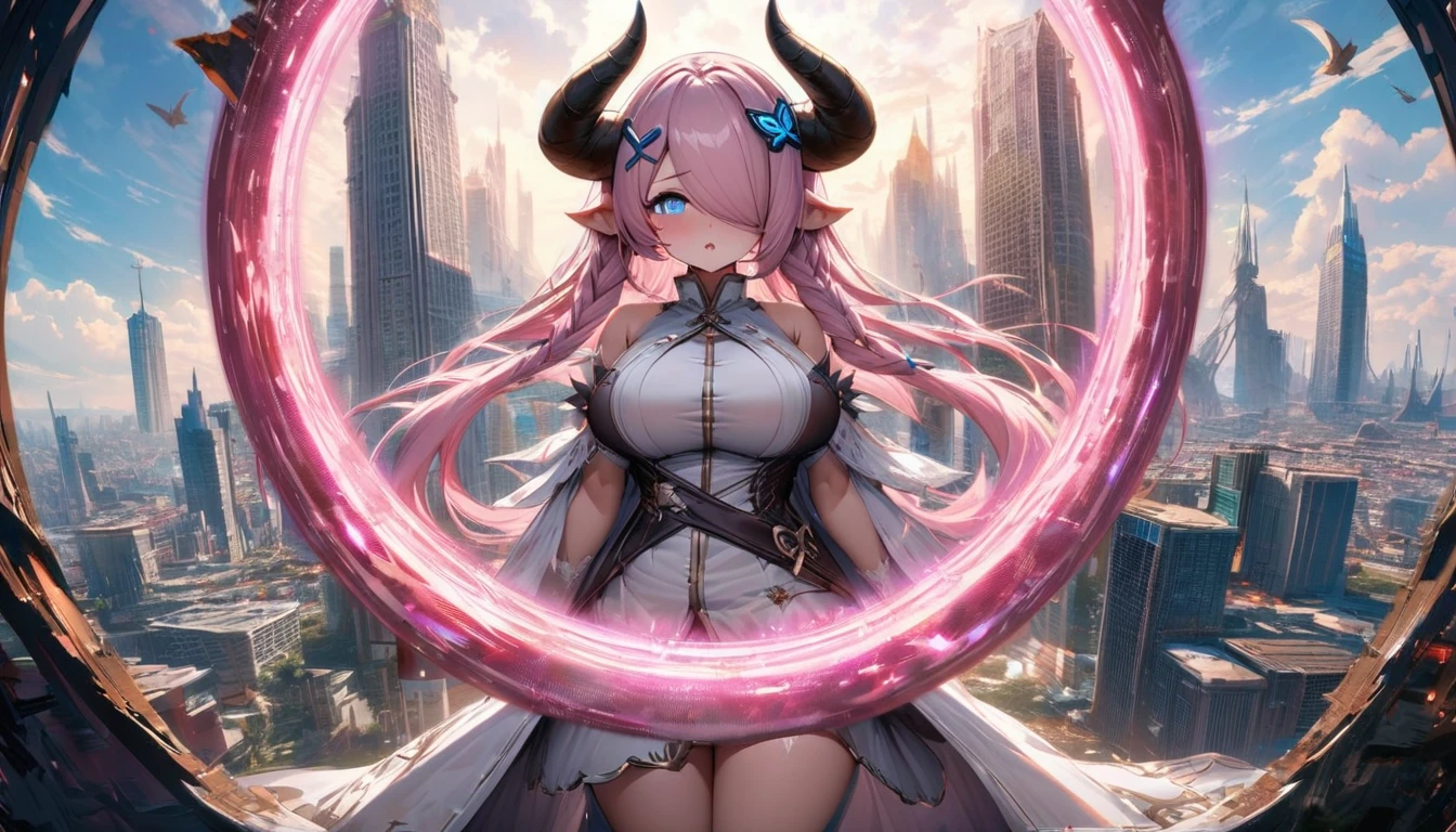 Narmaya has just stepped through a portal from her fantasy world into modern America. She stands in awe of the city buildings around her as the portal behind her closes. She's is wearing her traditional white outfit. In the background The magical glowing portal and city skyline are visible. The image is life-like and semi-realistic. Extreme detail has been put into the shading. Extensive detail has been put into making Narmaya the focal point and making her features clear and detailed. It's a masterpiece of fantasy art. (masterpiece), best quality, expressive eyes, perfect face, portal, American city, sky scrapers, seductive, fantasy, 8k, absurdres, narmaya, pink hair, blue eye with pink pupil, hair over eye, draph, horns, butterfly hair clip,