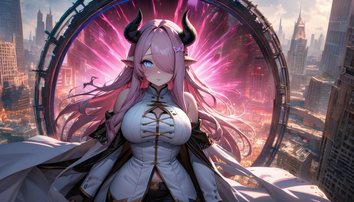 Narmaya has just stepped through a portal from her fantasy world into modern America. She stands in awe of the city buildings around her as the portal behind her closes. She's is wearing her traditional white outfit. In the background The magical glowing portal and city skyline are visible. The image is life-like and semi-realistic. Extreme detail has been put into the shading. Extensive detail has been put into making Narmaya the focal point and making her features clear and detailed. It's a masterpiece of fantasy art. (masterpiece), best quality, expressive eyes, perfect face, portal, American city, sky scrapers, seductive, fantasy, 8k, absurdres, narmaya, pink hair, blue eye with pink pupil, hair over eye, draph, horns, butterfly hair clip,