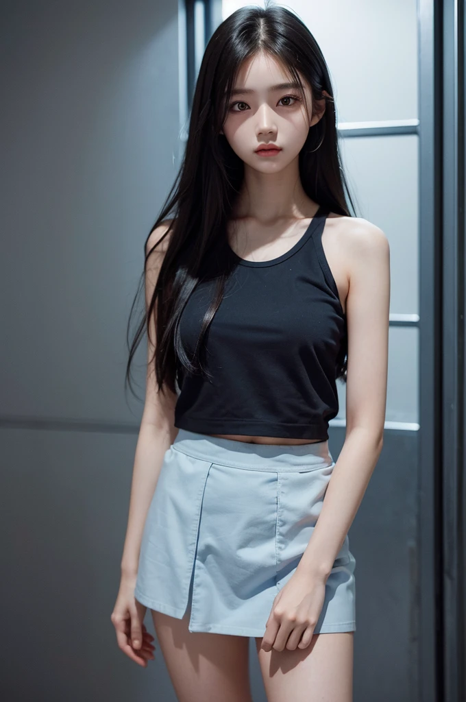 20 year old girl, blue top, short skirt, long hair, high contrast (Natural skin texture, Hyperrealism, Soft Light, sharp), portrait, standing, korean