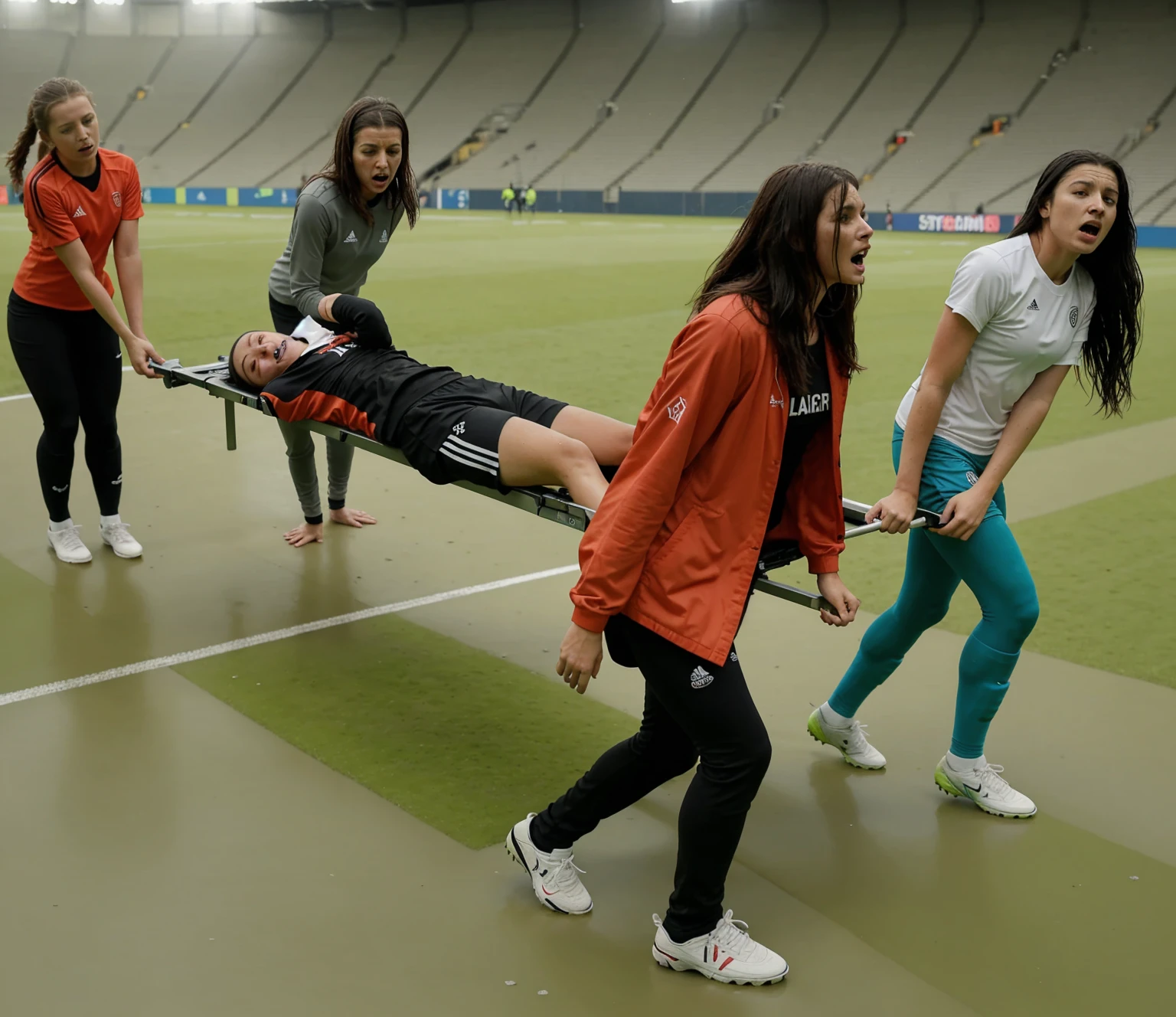 a soccer scene in a sports stadium, cool and wet weather conditions, humide ground, rainy sky, injury scene in a sports stadium, stretcher carry, there are four female medics carrying a stretcher, there are four female medics in very shiny coats who are carrying a stretcher in a sports stadium, there is a wounded male soccer player in a matte short cotton sports outfit lying on the stretcher, an injured male soccer player in matte cotton sportswear is lying in pain on a stretcher, a soccer player in matte cotton sports clothes is rearing up in intense pain while lying on a stretcher, dramatic scene, theatralic posing scene, dramatic pity scene, injury soccer, first aid, help, pity, there are four female medics in wetlook high-shine coats who are looking very sad and very terrified and very shocked, the injured soccer player is screaming out in pain while he is carried from the pitch on a stretcher