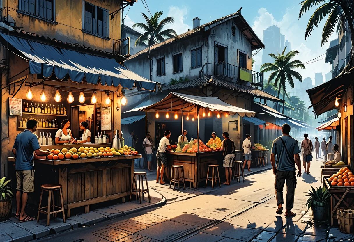 tropical side street, palm, (market), fruits, bar, street food, people, people on the street, dead end, graphic style of novel comics, perfect hands, 2d, 8k, hyperrealism, masterpiece, high resolution, best quality, ultra-detailed, super realistic, Hyperrealistic art, high-quality, ultra high res, highest detailed, lot of details, Extremely high-resolution details, incredibly lifelike, colourful, soft cinematic light,