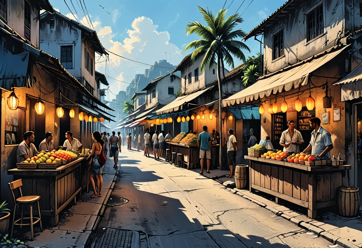 tropical side street, palm, (market), fruits, bar, street food, people, people on the street, dead end, graphic style of novel comics, perfect hands, 2d, 8k, hyperrealism, masterpiece, high resolution, best quality, ultra-detailed, super realistic, Hyperrealistic art, high-quality, ultra high res, highest detailed, lot of details, Extremely high-resolution details, incredibly lifelike, colourful, soft cinematic light,
