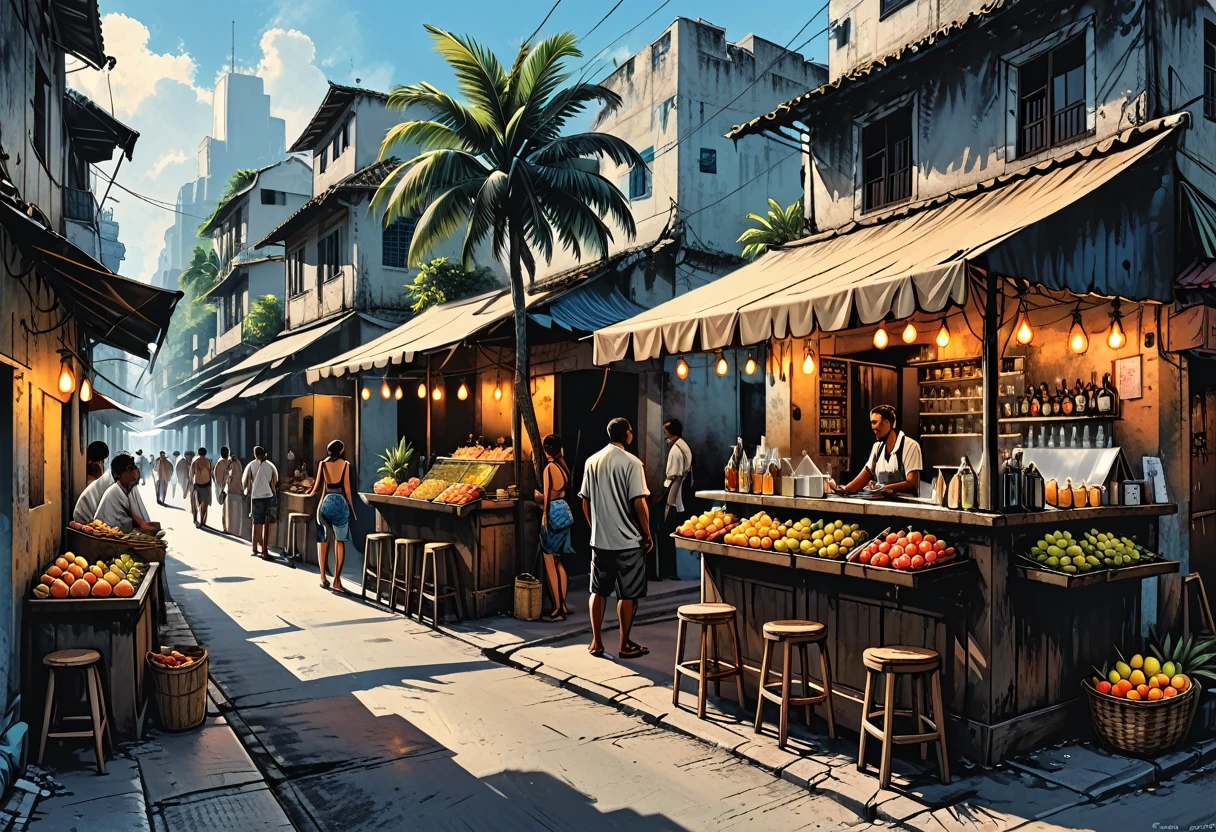 tropical side street, palm, (market), fruits, bar, street food, people, people on the street, dead end, graphic style of novel comics, perfect hands, 2d, 8k, hyperrealism, masterpiece, high resolution, best quality, ultra-detailed, super realistic, Hyperrealistic art, high-quality, ultra high res, highest detailed, lot of details, Extremely high-resolution details, incredibly lifelike, colourful, soft cinematic light,