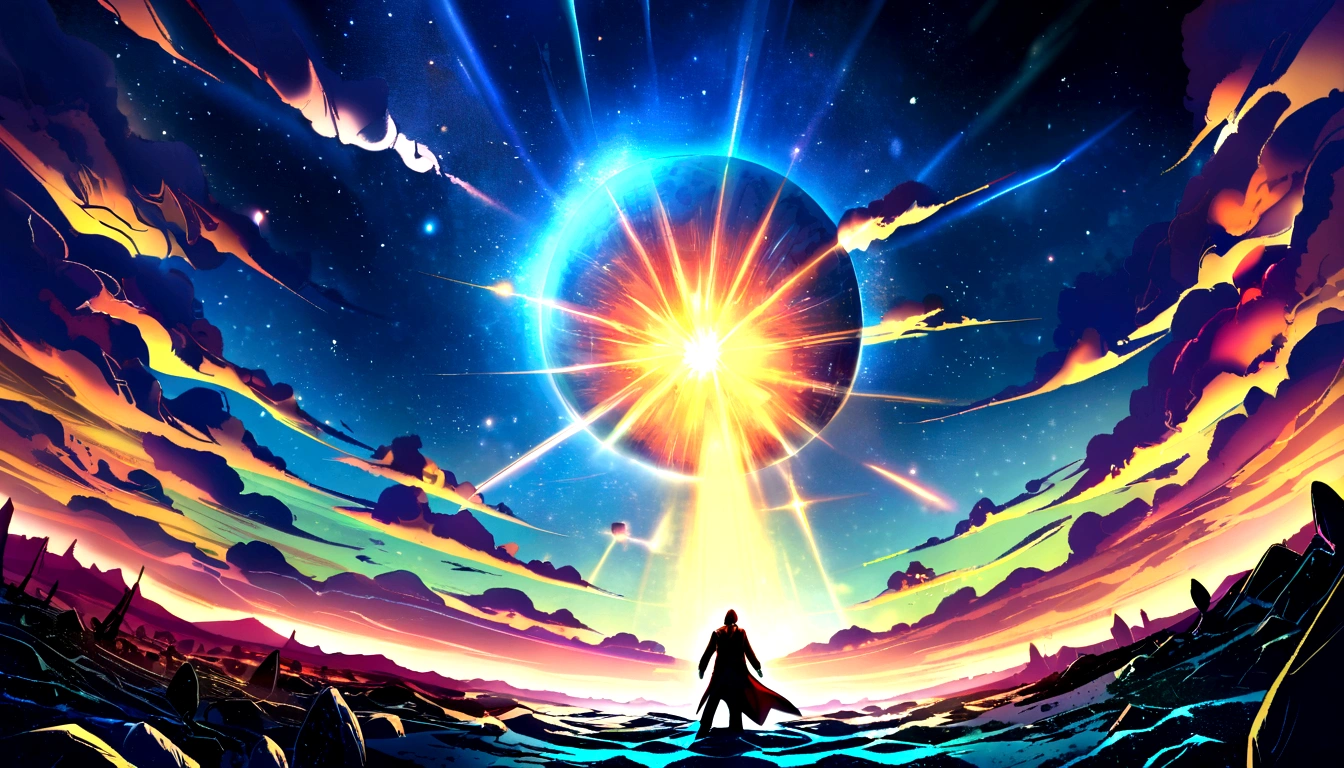 A meteor in space on the background of a super nova, Lovecraft style, the sun behinde it shines , and holy light fall to earth