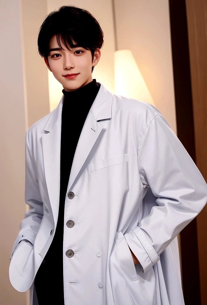 Draw an image of a young man wearing a long white coat with large front pockets. On the left chest of the coat is a logo of a blue and red globe with the word "EARTH" written underneath it. Under the coat, the man is wearing a black high collar shirt and black pants. He is also wearing brown leather shoes. The man has medium length black hair and is standing with his hands in his coat pockets, exuding a calm and confident attitude. Top Quality, Super Detailed,, (Korean), Long Body, (Black Turtleneck)), Clean Lab, (Beautiful), (Long Body)), Top Quality, Super Detailed, Illustration, Super Detailed View, (Realistic), (Black Hair)), One Young Man, (All Wearing Evian), (Researcher in White Coat)), (No Glasses), Twink, (Fair Skin), (Knowledgeable), (Korean), Long Body, (White Shirt)), Clean Lab, (Beautiful), (Long Body)), His right hand is making an "OK" gesture near his face and he has his hand raised near his face. He has a bright and cheerful expression. His smile is with his mouth closed, his eyes narrowed and he is looking straight into the camera. The background is bright and white, giving the image a clean and fresh look.