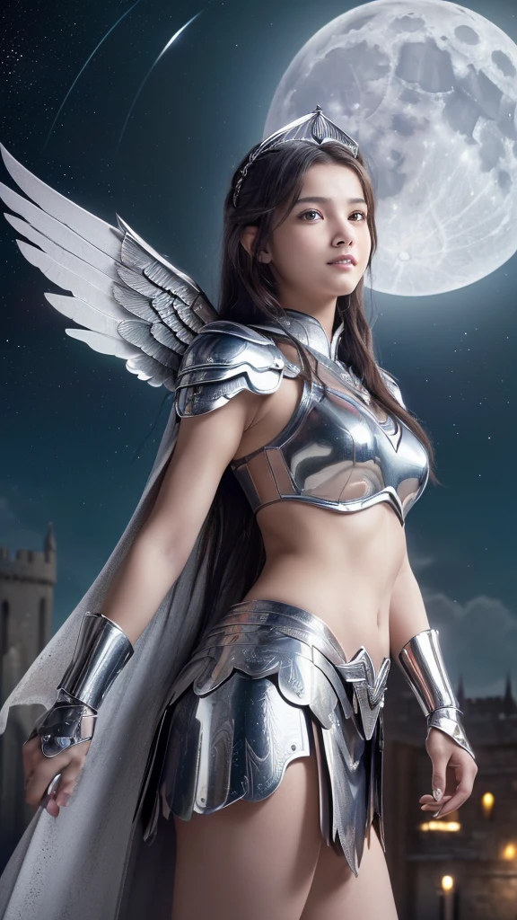 (Full body: 1.4),
(16-year-old girl masterpiece 1.4),
(Small breasts: 1.4),
(Realistic 16-year-old girl: 1.4), (Realistic: High detail: Masterpiece of Ashida Mana: 1.4),
(Baby face: 1.4), (Beautiful face: 1.3), (Beautiful masterpiece of eyes with clear outlines and super high resolution: 1.3), (Beautiful lips with good shape: 1.4), (Cute smile: 1.3), (Beautiful teeth and alignment: 1.4), (Beautiful nose: 1.4), (Cute girl: 1.3), (Lolita: 1.4), (Height 158cm: 1.3),
(Cute face: 1.3), (Beautiful hand with 5 fingers: 1.2),
((16-year-old Valkyrie girl with a young face: 1.4)), (Winged tiara: 1.3),
(Metallic silver armor with detailed decoration: 1.3),(Beautiful white angel wings on both sides: 1.3),(Weapon poised: 1.3),
(Cloak: 1.3),
(Highly detailed: 1.3),(Wallpaper: 1.3),(Dynamic pose: 1.2),,(RAW photo, highest quality: 1.2),(Realistic) Photorealistic: 1.2),(Close-up portrait photo: 1.2),(Moon, moonlight, close-up moon, large moon, soft lighting: 1.3),(Looking at the viewer: 1.2),(Directly above: 1.2),(Depth of field: 1.2),(Castles, colorful star trails outdoors, Gothic architecture: 1.3),(Photorealistic: 1.3),
,(16k quality,: 1.3), (Masterpiece, : 1.3), (Very Detailed, : 1.3), (Ultra Detailed, : 1.3), (Ultra High Resolution, : 1.3), (All Detailed, : 1.3), (Highest Quality, : 1.3), (Ultra High Quality, : 1.3), (Unreal Engine 5.3, : 1.3), (All in Full Color, : 1.3),