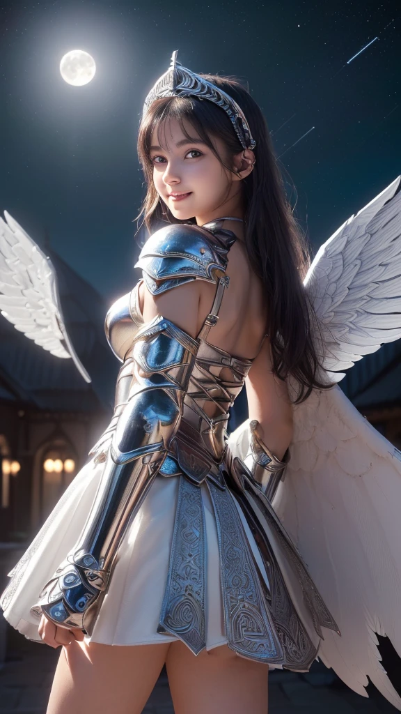 (Full body: 1.4),
(16-year-old girl masterpiece 1.4),
(Small breasts: 1.4),
(Realistic 16-year-old girl: 1.4), (Realistic: High detail: Masterpiece of Ashida Mana: 1.4),
(Baby face: 1.4), (Beautiful face: 1.3), (Beautiful masterpiece of eyes with clear outlines and super high resolution: 1.3), (Beautiful lips with good shape: 1.4), (Cute smile: 1.3), (Beautiful teeth and alignment: 1.4), (Beautiful nose: 1.4), (Cute girl: 1.3), (Lolita: 1.4), (Height 158cm: 1.3),
(Cute face: 1.3), (Beautiful hand with 5 fingers: 1.2),
((16-year-old Valkyrie girl with a young face: 1.4)), (Winged tiara: 1.3),
(Metallic silver armor with detailed decoration: 1.3),(Beautiful white angel wings on both sides: 1.3),(Weapon poised: 1.3),
(Cloak: 1.3),
(Highly detailed: 1.3),(Wallpaper: 1.3),(Dynamic pose: 1.2),,(RAW photo, highest quality: 1.2),(Realistic) Photorealistic: 1.2),(Close-up portrait photo: 1.2),(Moon, moonlight, close-up moon, large moon, soft lighting: 1.3),(Looking at the viewer: 1.2),(Directly above: 1.2),(Depth of field: 1.2),(Castles, colorful star trails outdoors, Gothic architecture: 1.3),(Photorealistic: 1.3),
,(16k quality,: 1.3), (Masterpiece, : 1.3), (Very Detailed, : 1.3), (Ultra Detailed, : 1.3), (Ultra High Resolution, : 1.3), (All Detailed, : 1.3), (Highest Quality, : 1.3), (Ultra High Quality, : 1.3), (Unreal Engine 5.3, : 1.3), (All in Full Color, : 1.3),