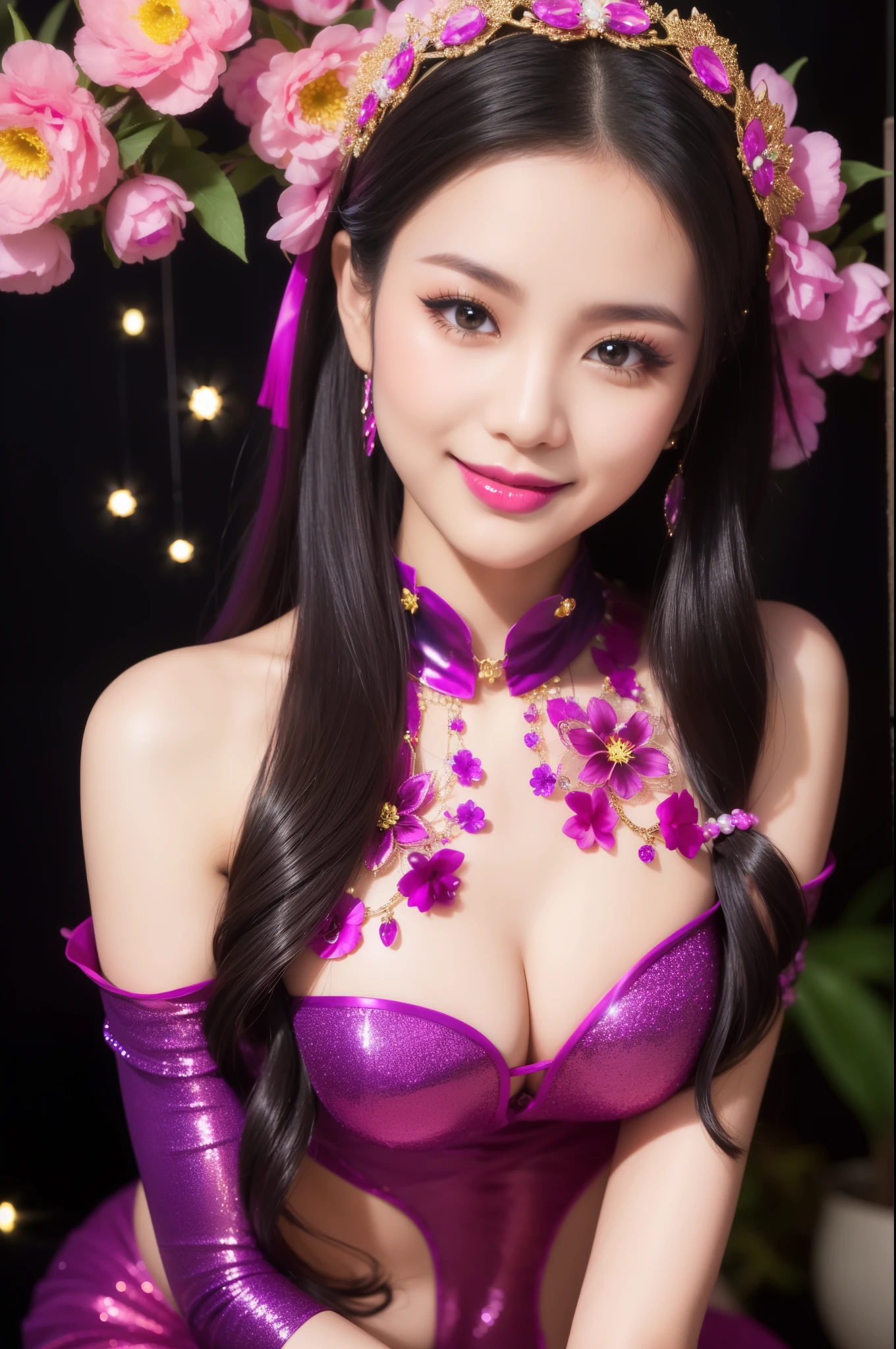sexy Thai model who controls poison、beautiful smile、lip-gloss、bold lipstick、intense makeup、look at the camera、full body Esbian、、sparkling poisoned flower costume、、、、sparkling Colorful hair、secrete poison、skull hair accessories、sexy tights、shiny sparkling flowers background