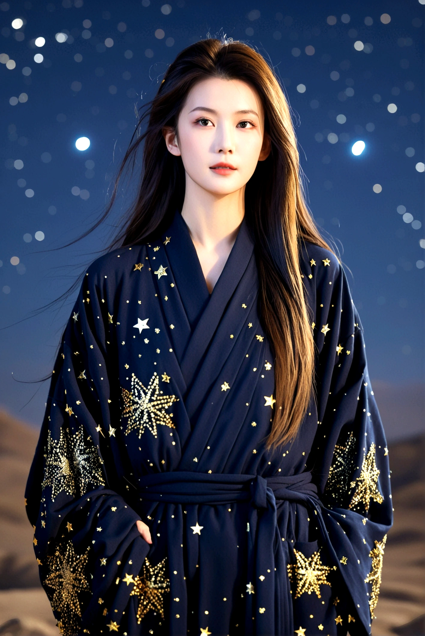 Dark ancient robe，Dotted with golden stars，Sophisticated attire，Long hair，female，Astrologer，1.85 meters