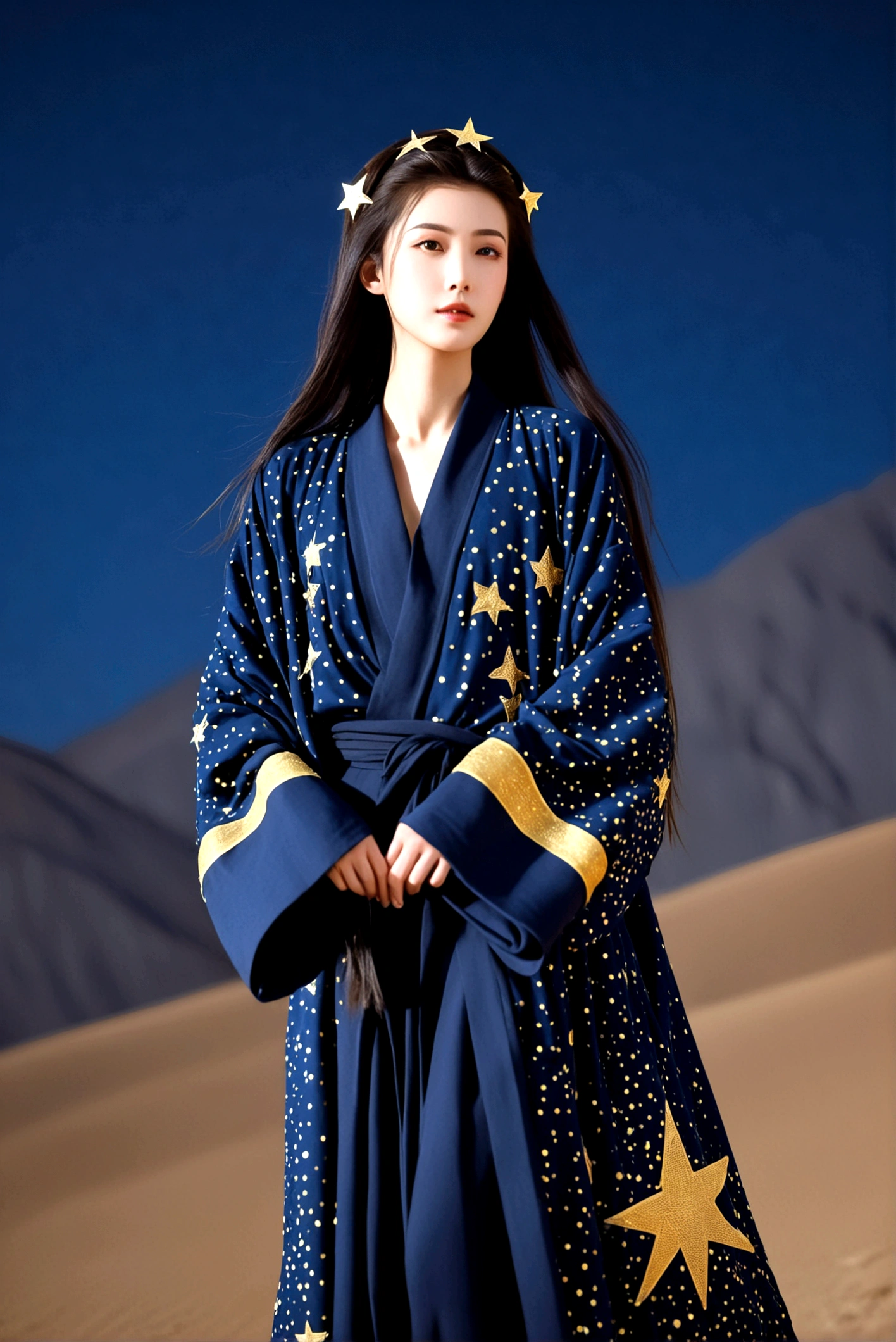 Dark ancient robe，Dotted with golden stars，Sophisticated attire，Long hair，female，Astrologer，1.85 meters