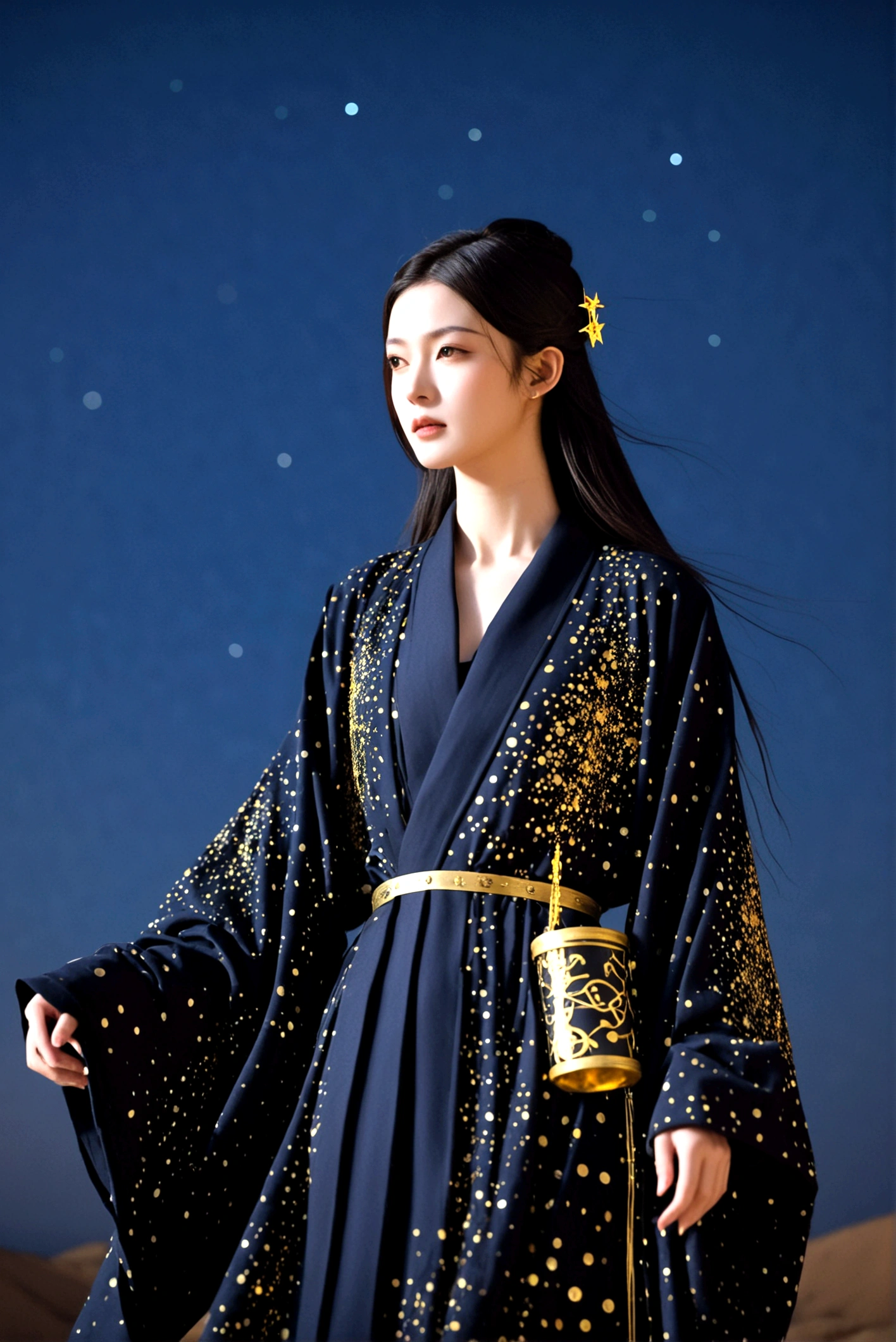 Dark ancient robe，Dotted with golden stars，Sophisticated attire，Long hair，female，Astrologer，1.85 meters