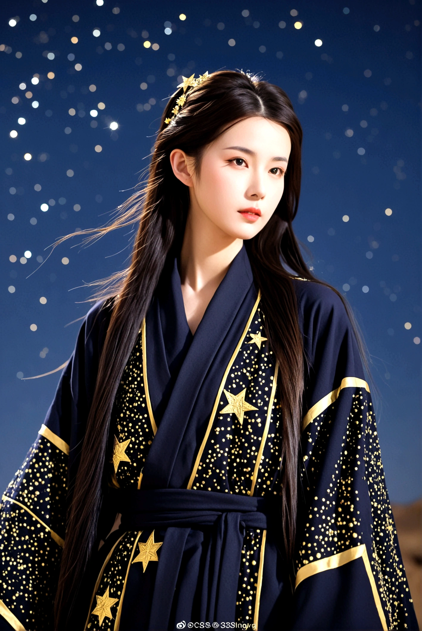 Dark ancient robe,Dotted with golden stars,Sophisticated attire,Long hair,female,Astrologer,1.85 meters