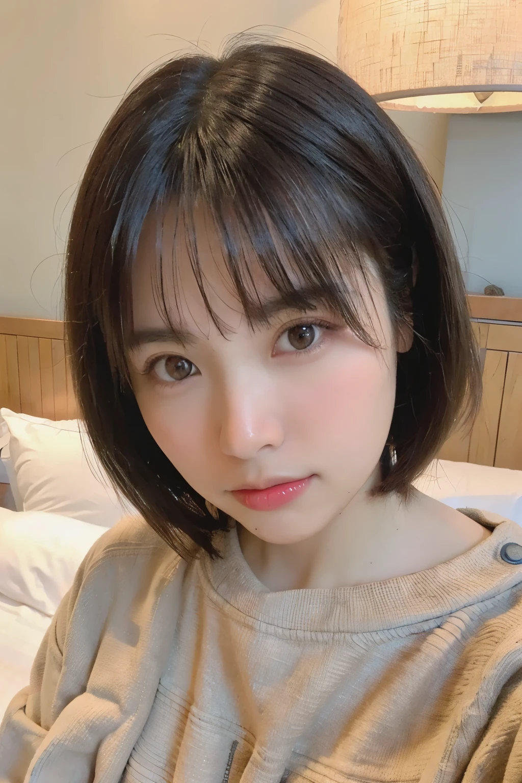 Highest quality, Face Focus, Soft Light, Ultra-high resolution, (Realistic, photo-Realistic:1.37), RAW Photos, 1 Japanese girl, alone, cute, (A shy smile:0.5), (Brown eyes, Light in your eyes), Beautiful face in every detail,(High resolution detail of human skin texture), (Short Bob Hair), In the room, Best, skirt