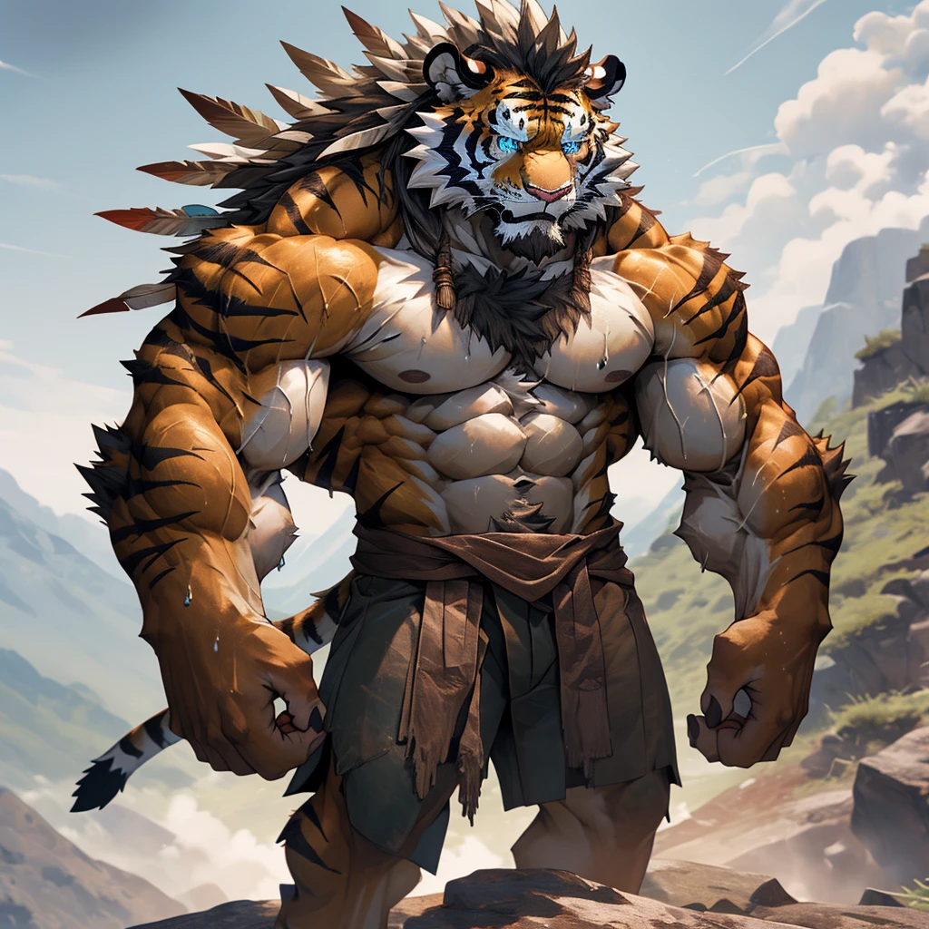 sweating a lot，muscular，Topless，Standing on the cliff at the top of the mountain，hairy，personification，chest hair，Serious face（scars in the face） Mature （blue eyes）Huge muscle ripped abs wild， Tribal chieftain tiger